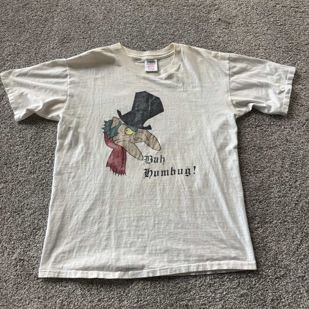 Vintage Oneita Shirt Mens XL White Bah Humbug Graphic Tee T-Shirt Christmas